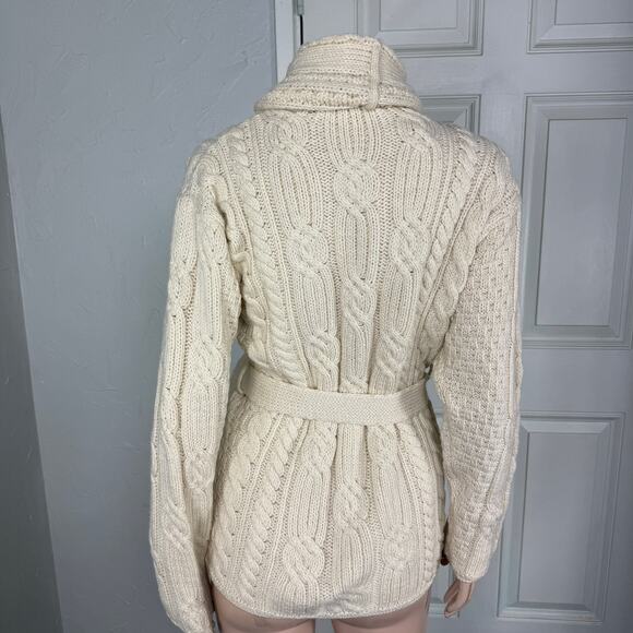 Aran Market Women's Sweater S Cardigan Tie Cable Knit Merino Wool Fisherman WW12 - Picture 3 of 6
